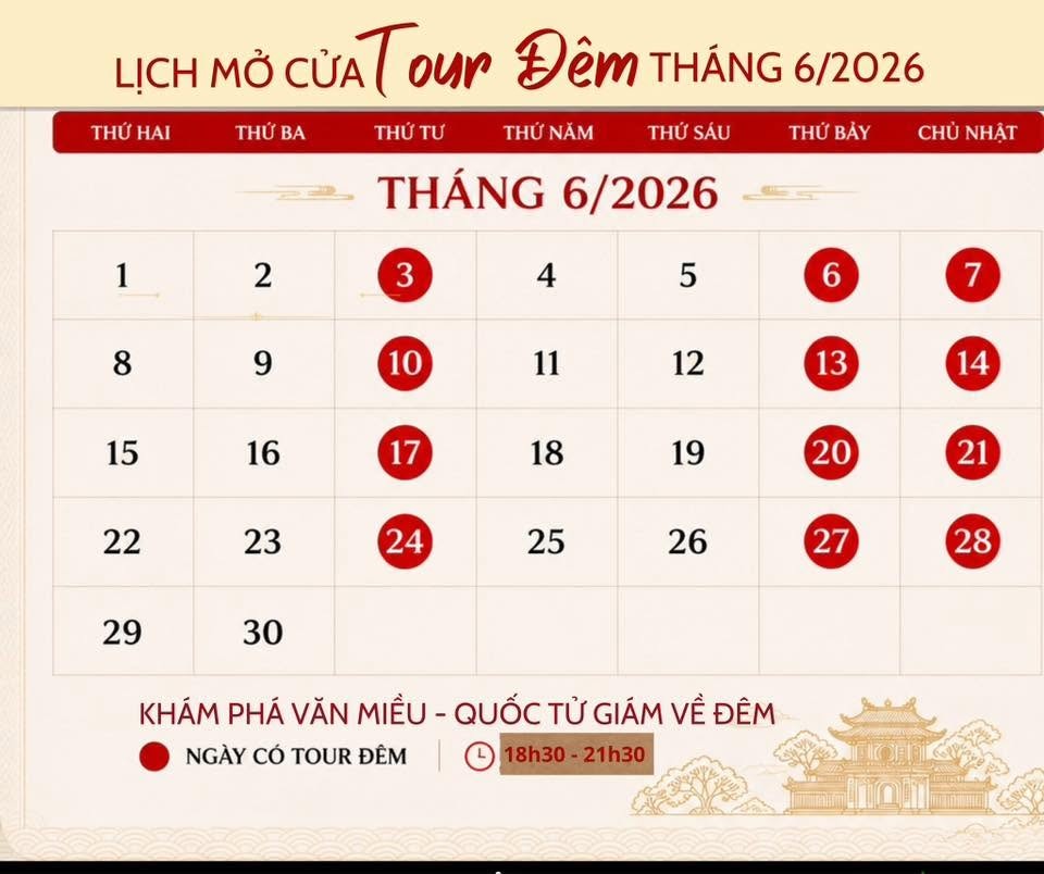 Cập nhật lịch tour đêm Văn Miếu tháng 6.2026 và bảng giá vé mới nhất - Trải nghiệm Di sản Hà Nội về đêm đầy ấn tượng