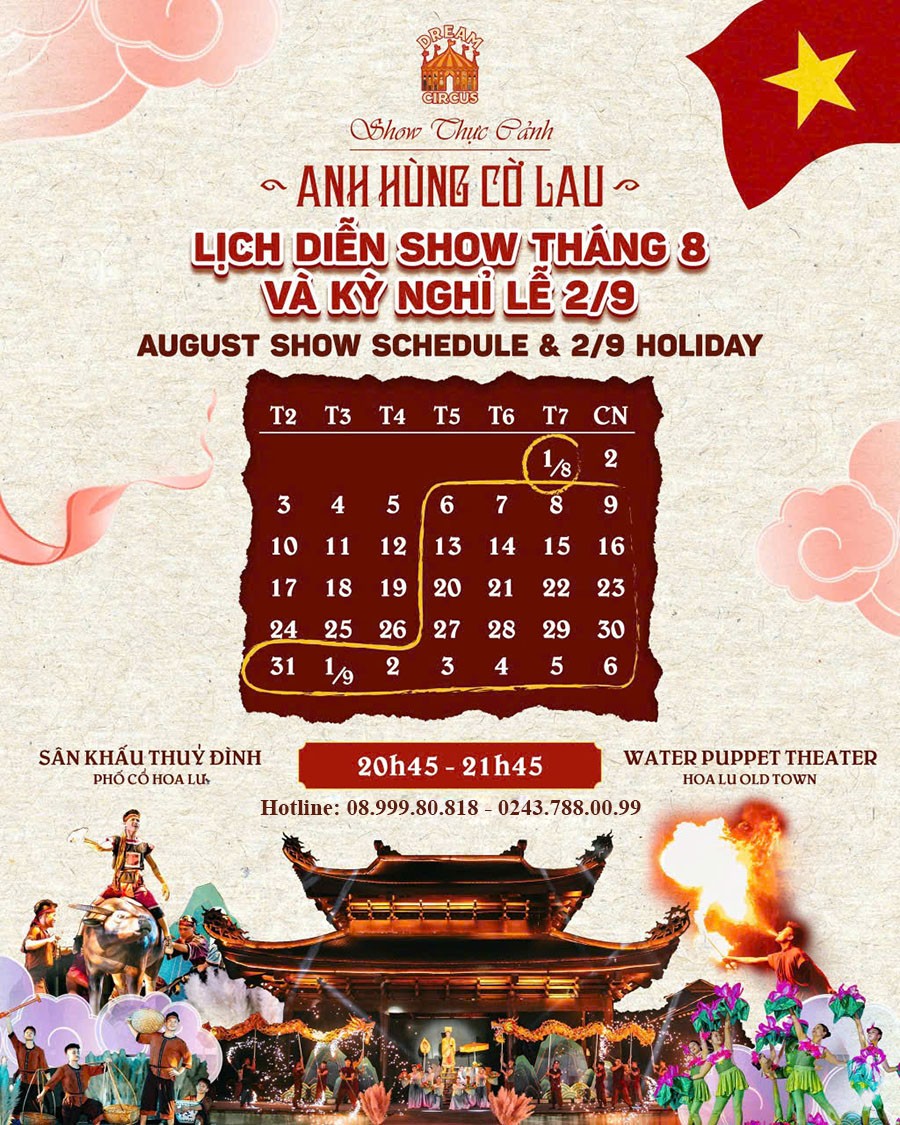 Công bố lịch diễn tháng 8 & dịp nghỉ lễ Quốc Khánh 2-9 show Anh Hùng Cờ Lau tại Ninh Bình năm 2026
