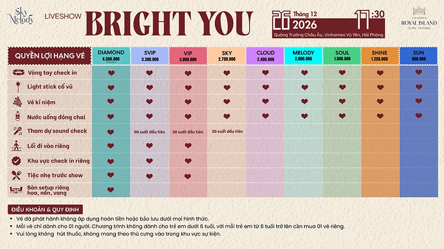 Đêm nhạc Sky Melody: BRIGHT YOU - CHẠM JOURNEY 26.12.2026 | Line-up Hà Nhi & Nghệ sĩ giấu mặt